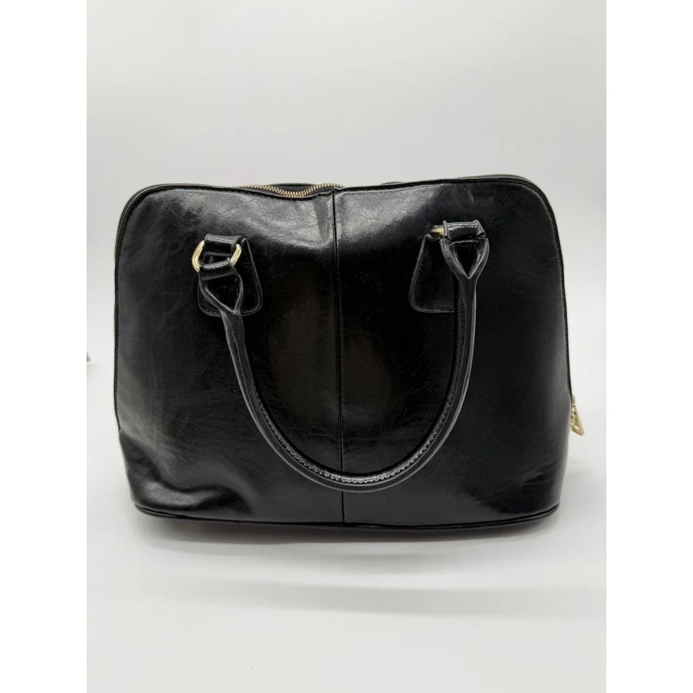Harve Benard VTG Black Faux Leather Dome Satchel Handbag Gold Hardware High Shin